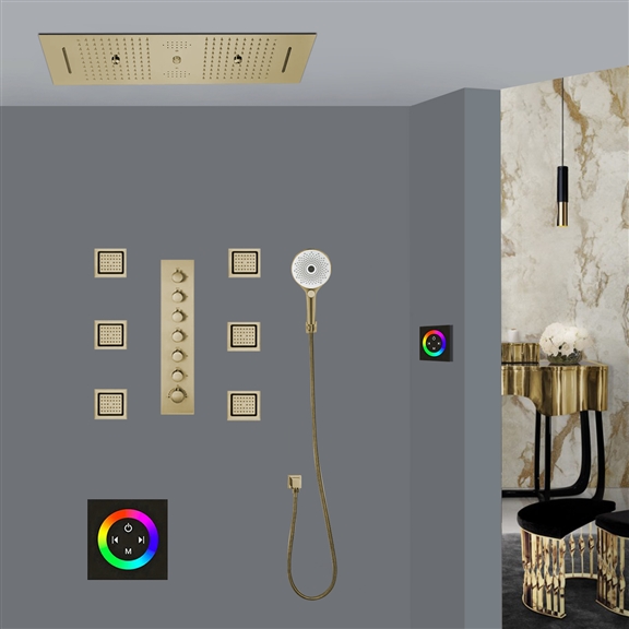 CESENA THERMOSTATIC WATERFALL RAINFALL WATER COLUMN MIST LED TOUCH PANEL CONTROLLED CEILING BRUSHED GOLD MOUNT SHOWER SYSTEM WITH 6 JETTED BODY SPRAYS AND HANDHELD SHOWER